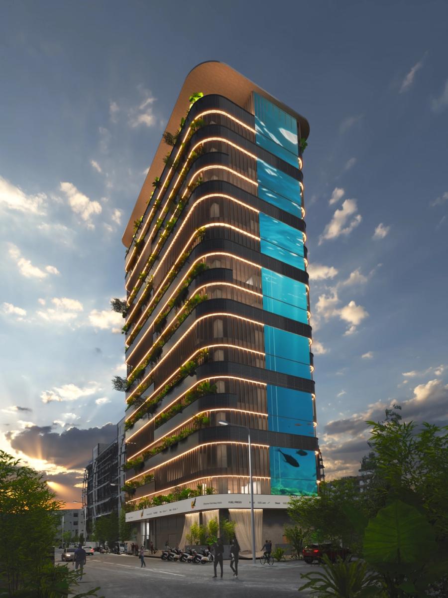 Architectural rendering of a tall building with planted balconies on every floor, lit at dusk