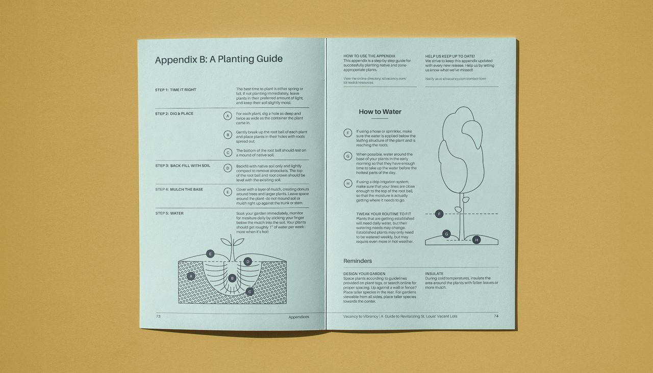 Planting guide illustration and local examples apart of the vacant lots toolkit by arbolope studio of st. louis missouri.