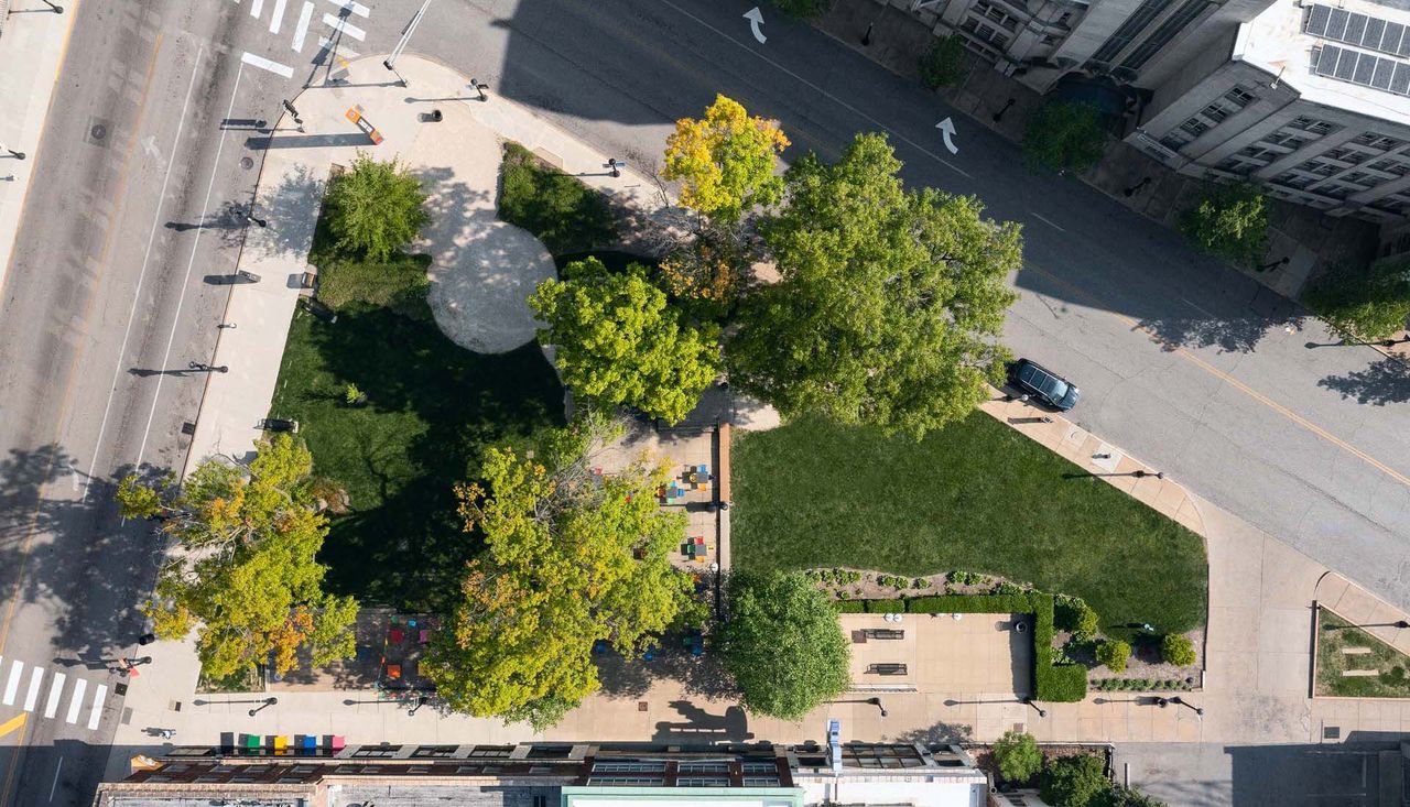 Arbolope studio drone photography of strauss park grand center arts district in midtown saint louis missouri