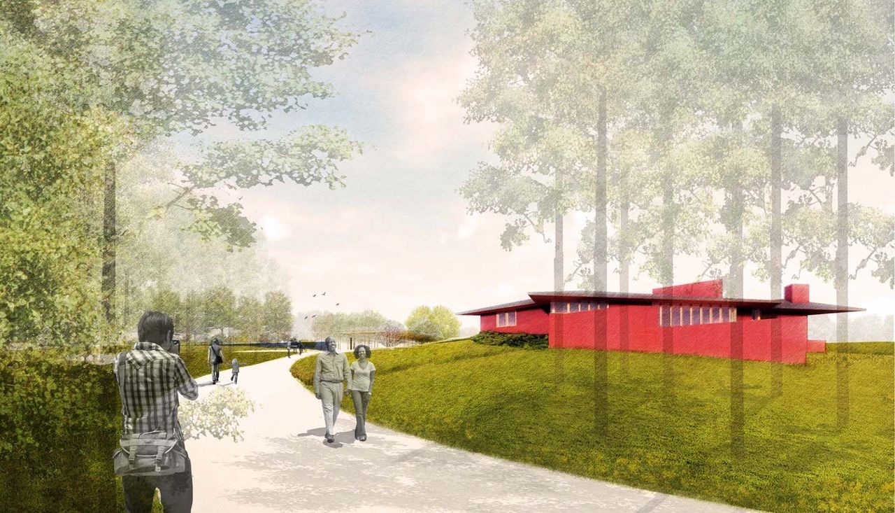 People walking in rendering of new ebsworth park in st louis missouri masterplan by arbolope studio