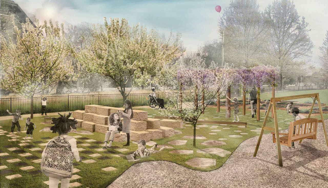 Rendering of the childrens play garden at the first unitarian church of st louis with children playing and running.