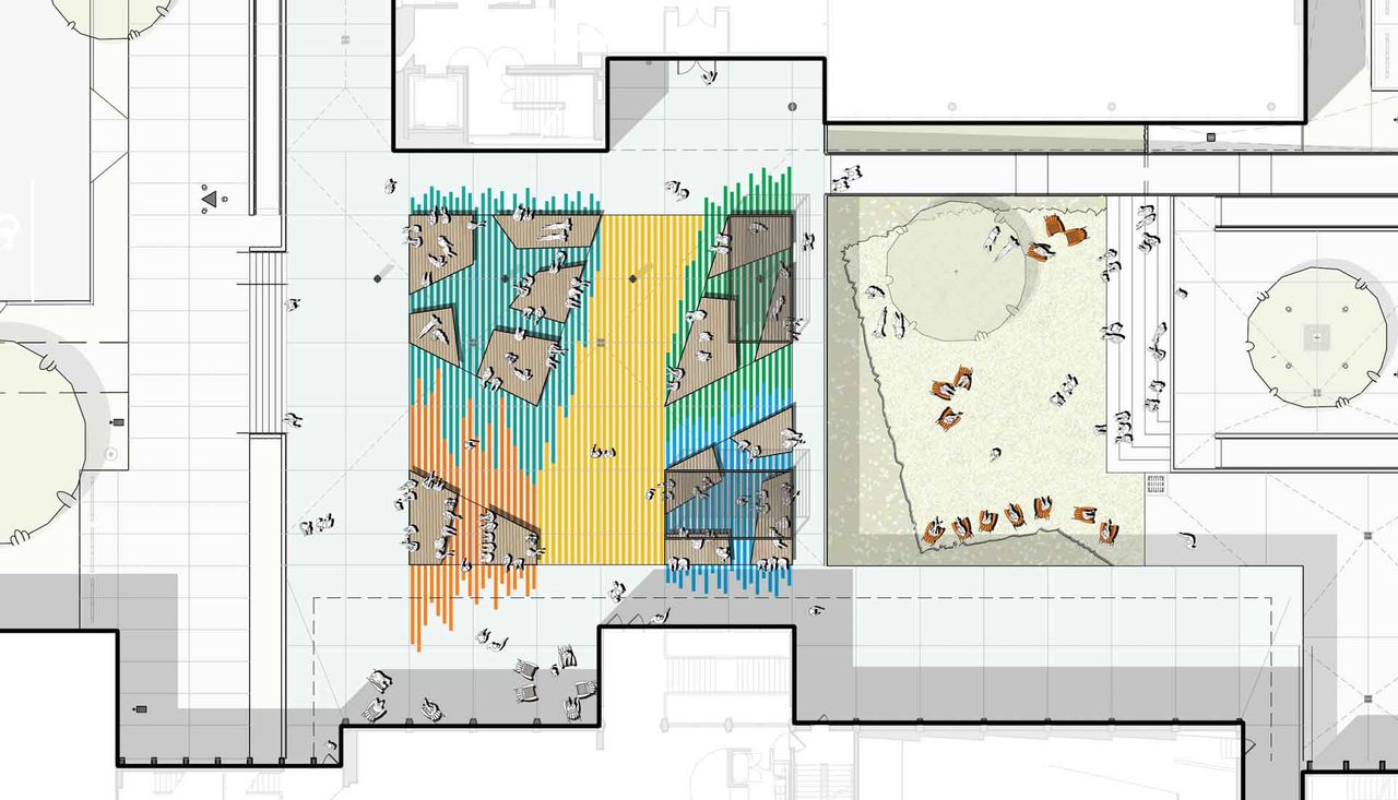 Illustrated plan diagram for central plaza at washington university campus st louis misosuri by arbolope studio
