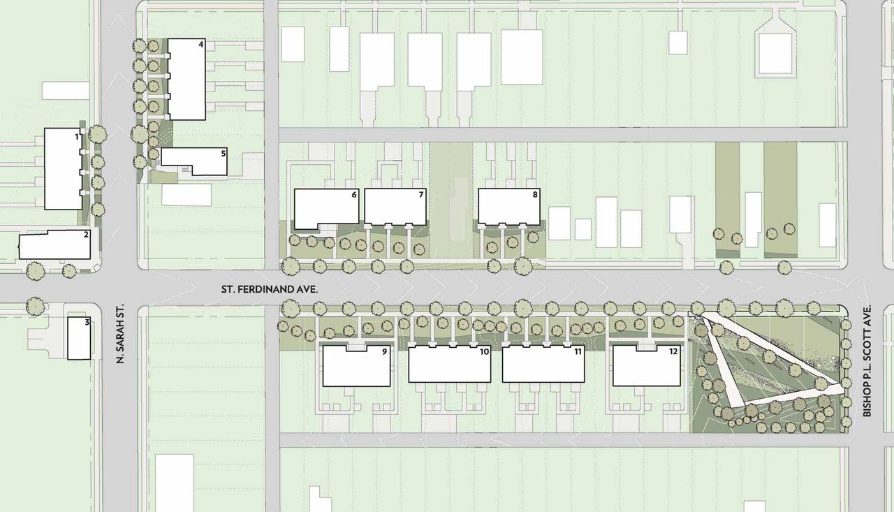Diagram of the blocks surrounding triangle st. Ferdinand park in St. Louis Missouri.