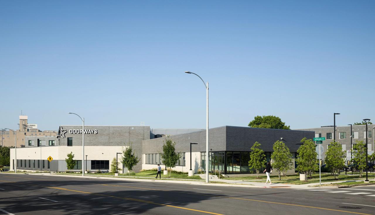 Exterior photo on a sunny morning from Jefferson avenue of the new doorways campus in St. Louis Missouri by Arbolope Studio.