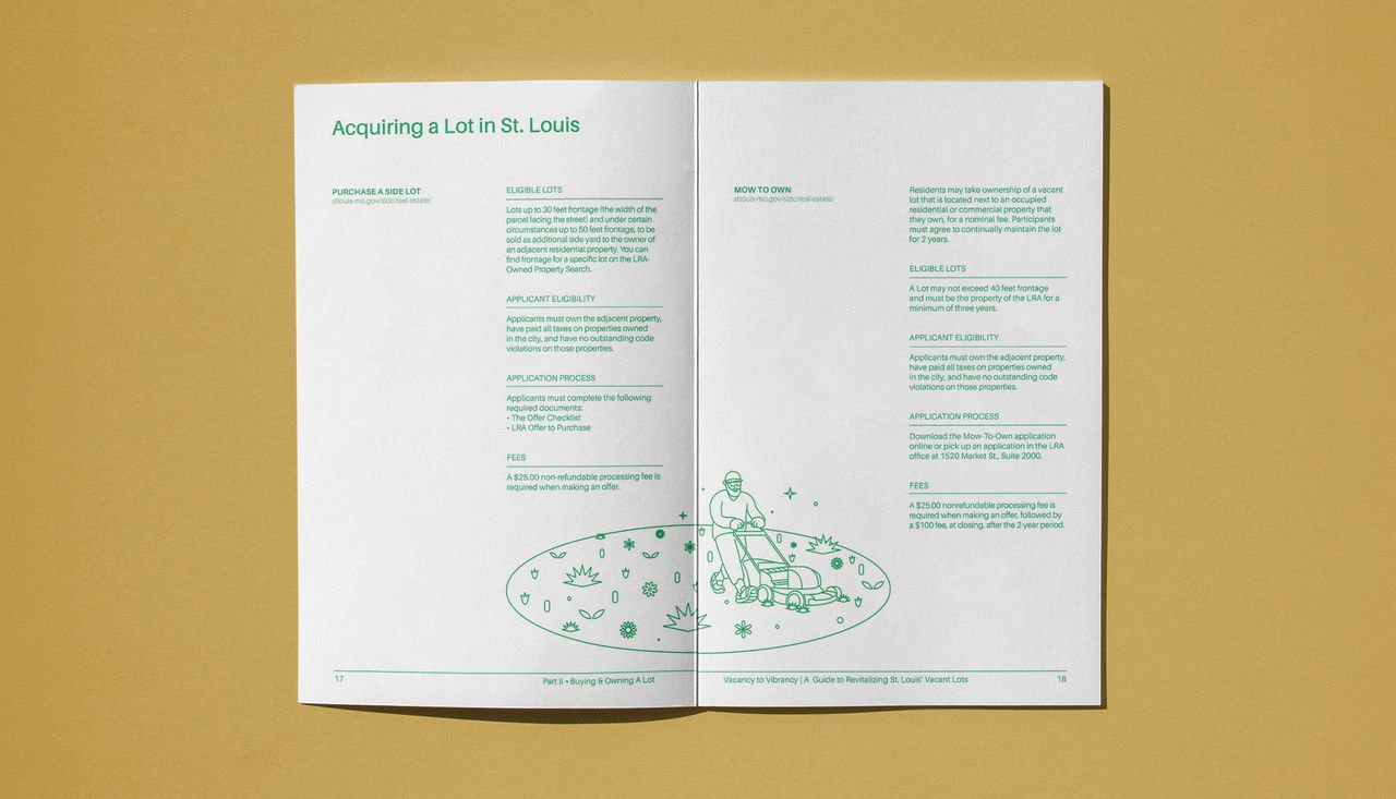 Vacant lots toolkits how to acquire a Lot in st. Louis Missouri infographic by arbolope studio, green linework illustration.