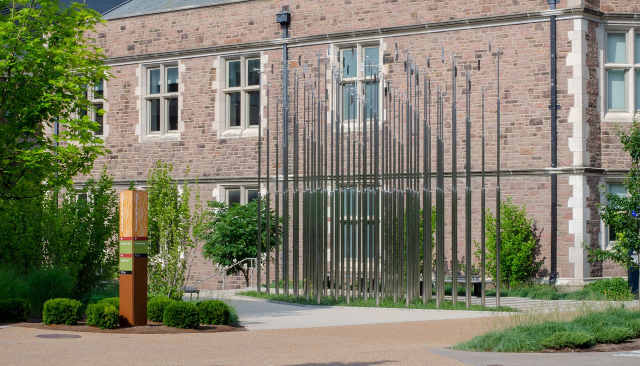 Collection of anemometers formed in a triangle planting bed on washington university campus in st louis missouri called weather field