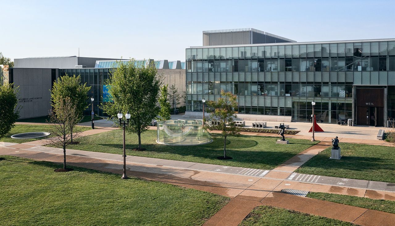 Biselcted circle public art empty on a sunny day drone photography located on washington university campus in saint louis missouri