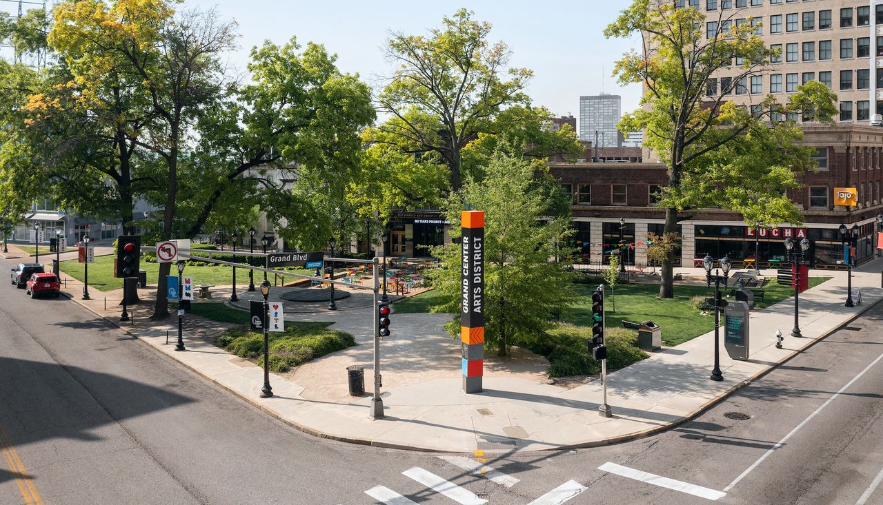 Streetview drone photography by arbolope studio of strauss park in grand center st louis missouri