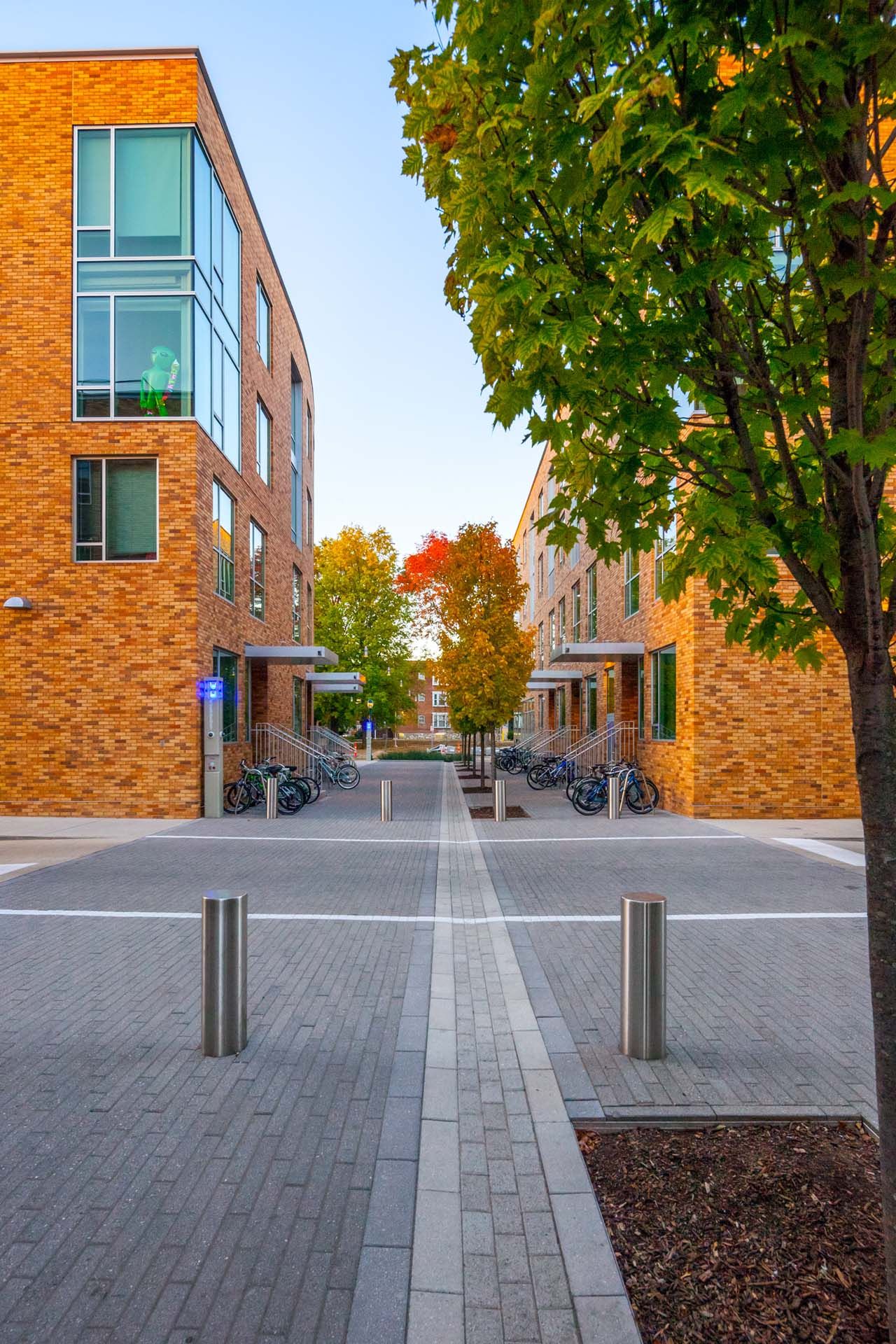 Pedestrian mews and paver pathways surround the exterior of Washington University Lofts in St. Louis Mo