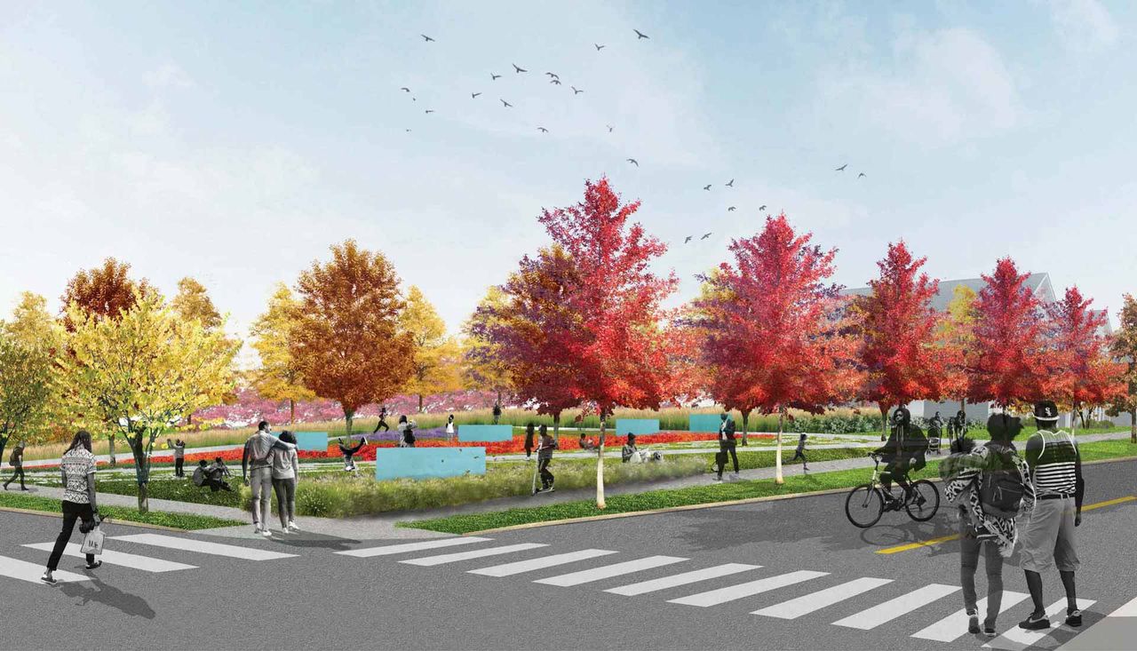 Fall colors across the street rendering of St. Ferdinand park (triangle park) in st louis Missouri designed by Arbolope studio.