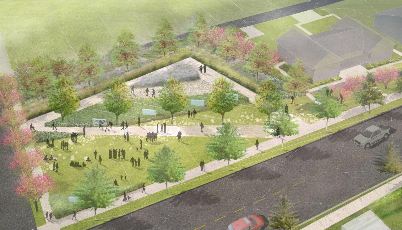 Aerial Rendering of St. Ferdinand park triangle park in st louis Missouri designed by Arbolope studio