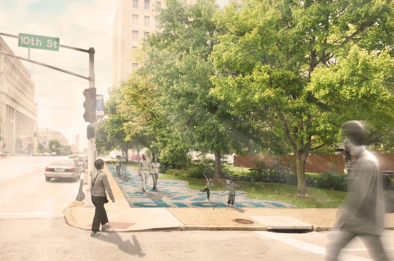 Rendering of people walking around the exterior southern edge of the Serra Sculpture Park in downtown St. Louis missouri by arbolope studio.