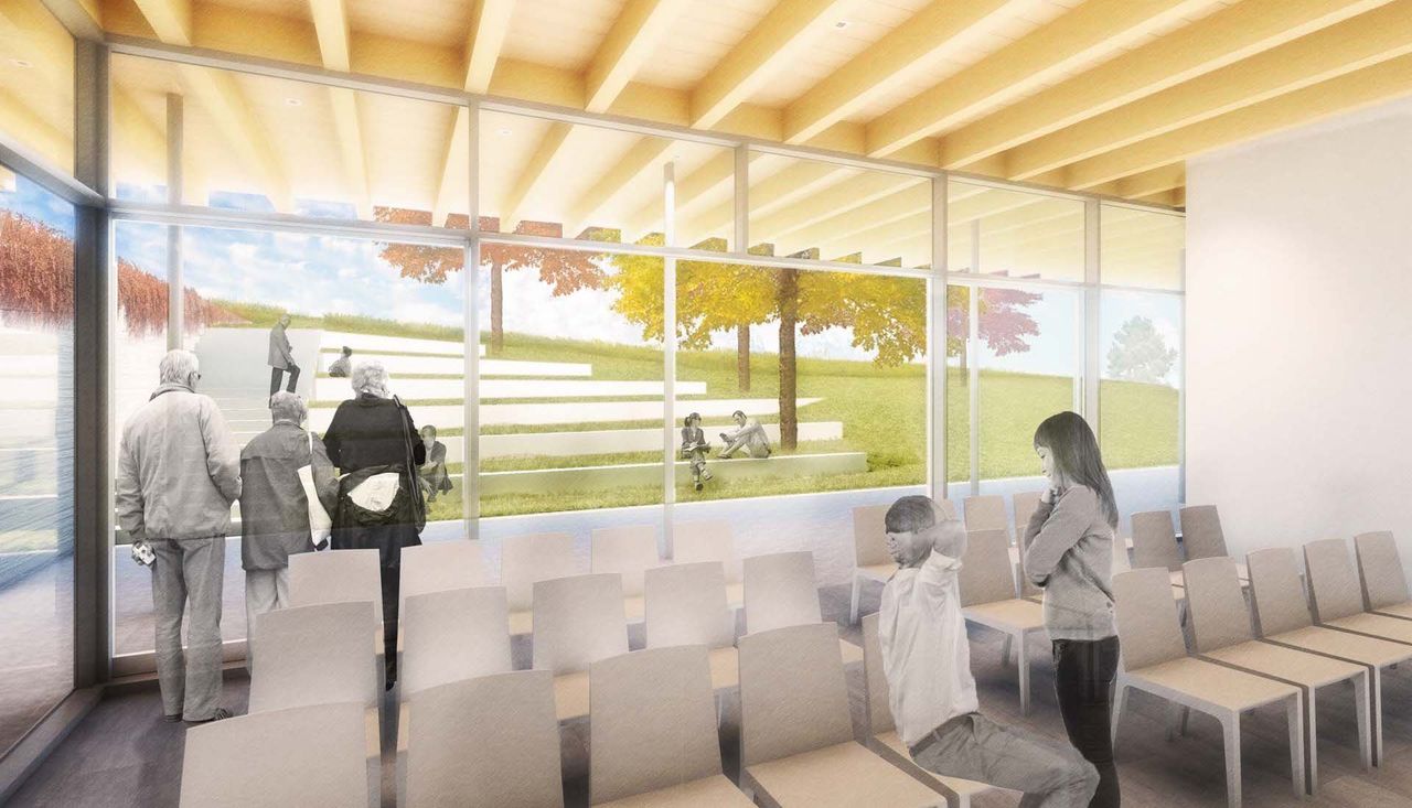 Inside view of the new building class room with people for frank lloyd wright house at ebsworth park in st louis missouri.