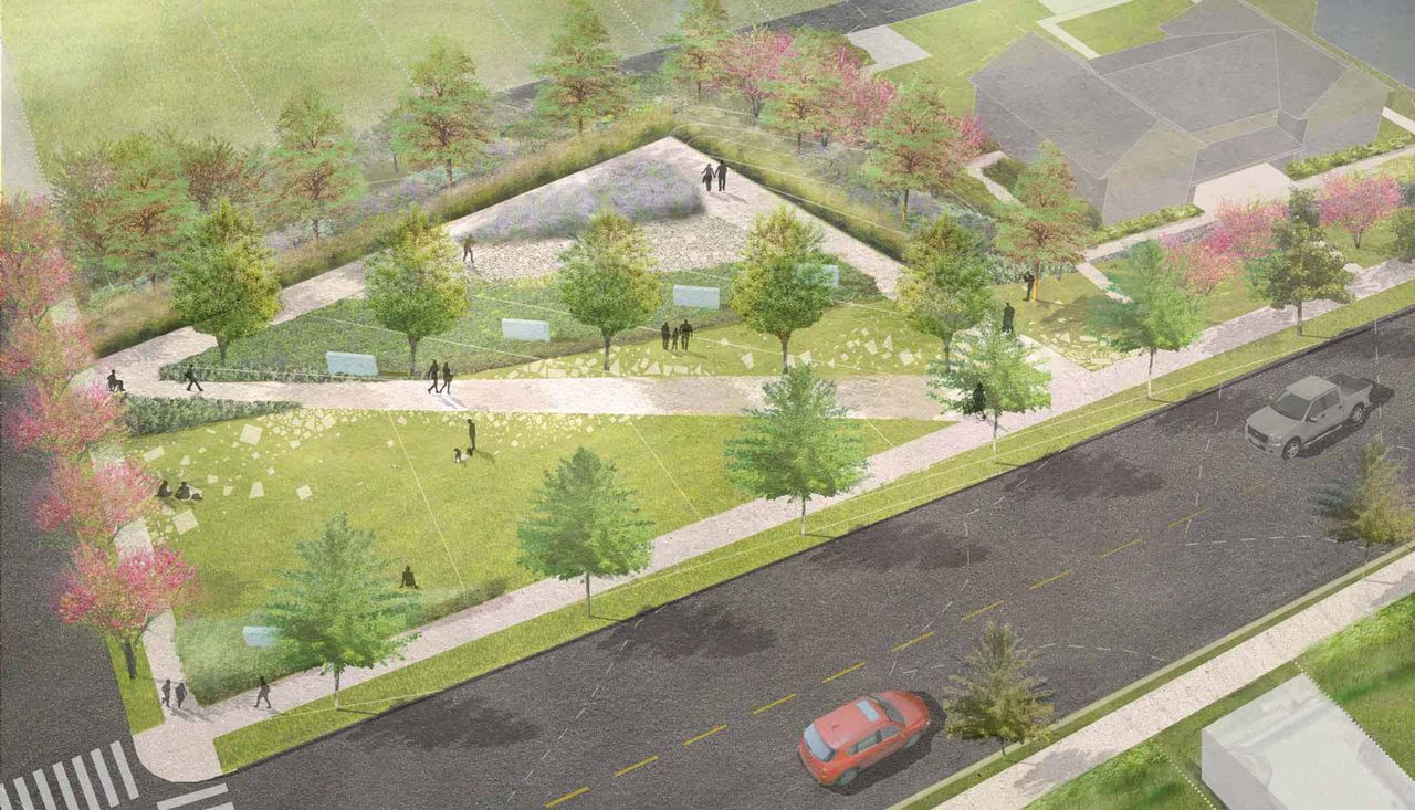 Aerial Rendering of St. Ferdinand park triangle park in st louis Missouri designed by Arbolope studio