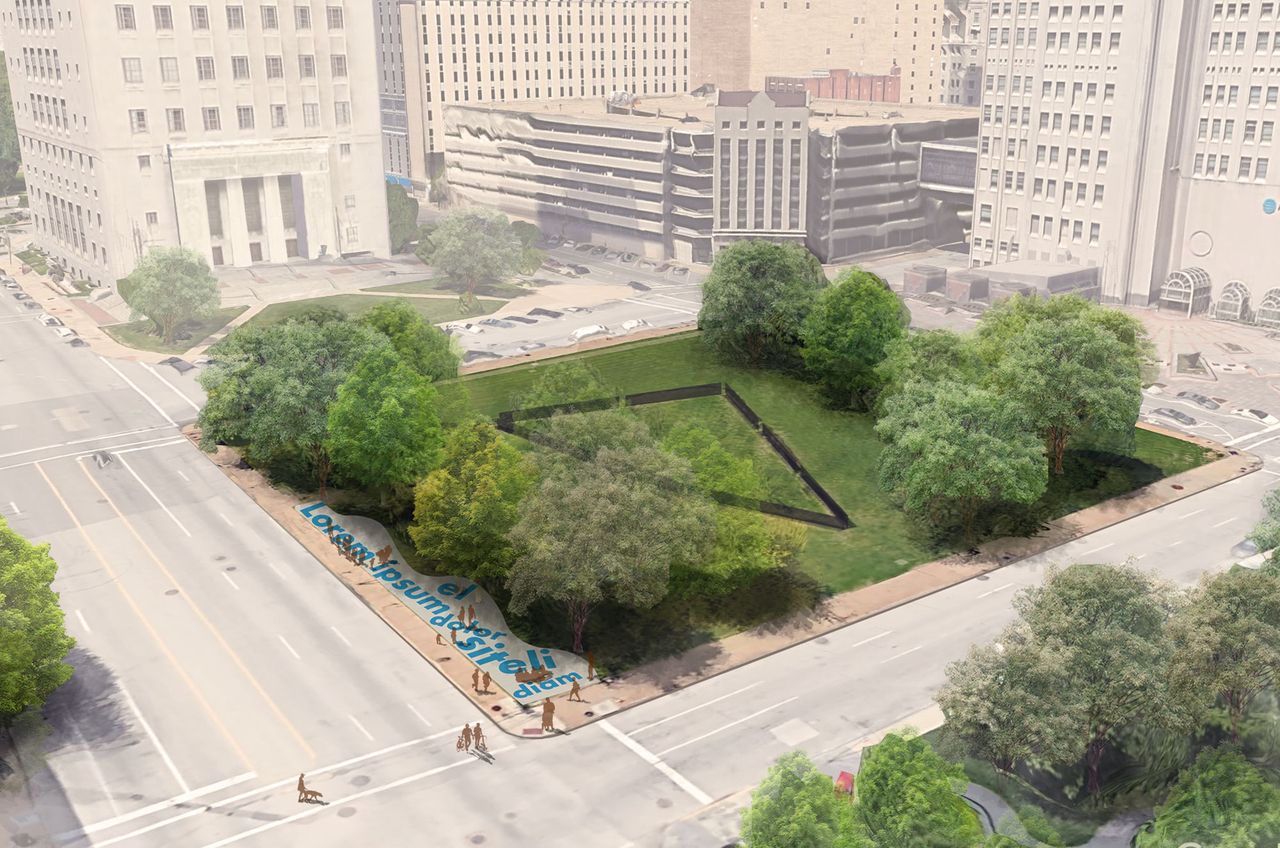 Overhead aerial rendering of the proposed Serra Sculpture Park in downtown St. Louis missouri by arbolope studio.