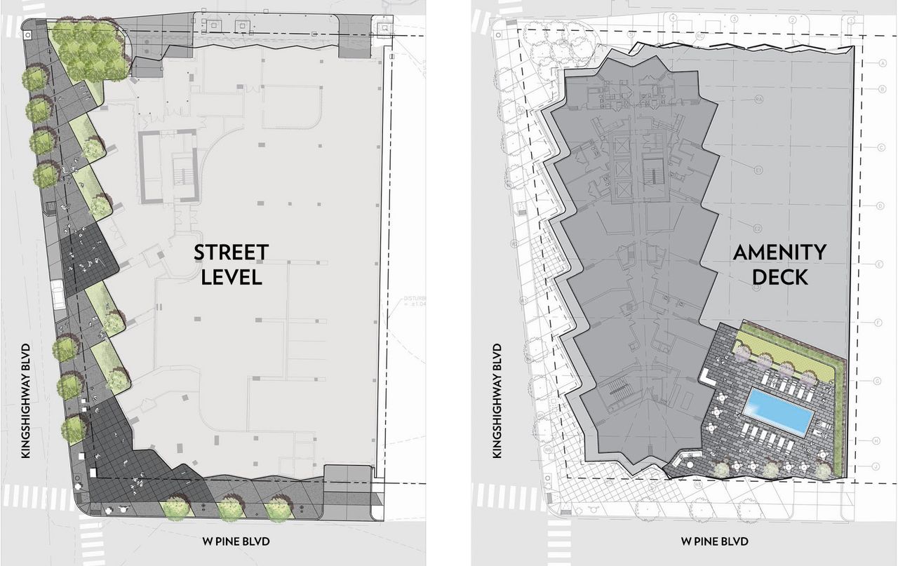 Plan diagrams of street view and amenity deck at 100 above forest park in st louis missouri designed by arbolope studio