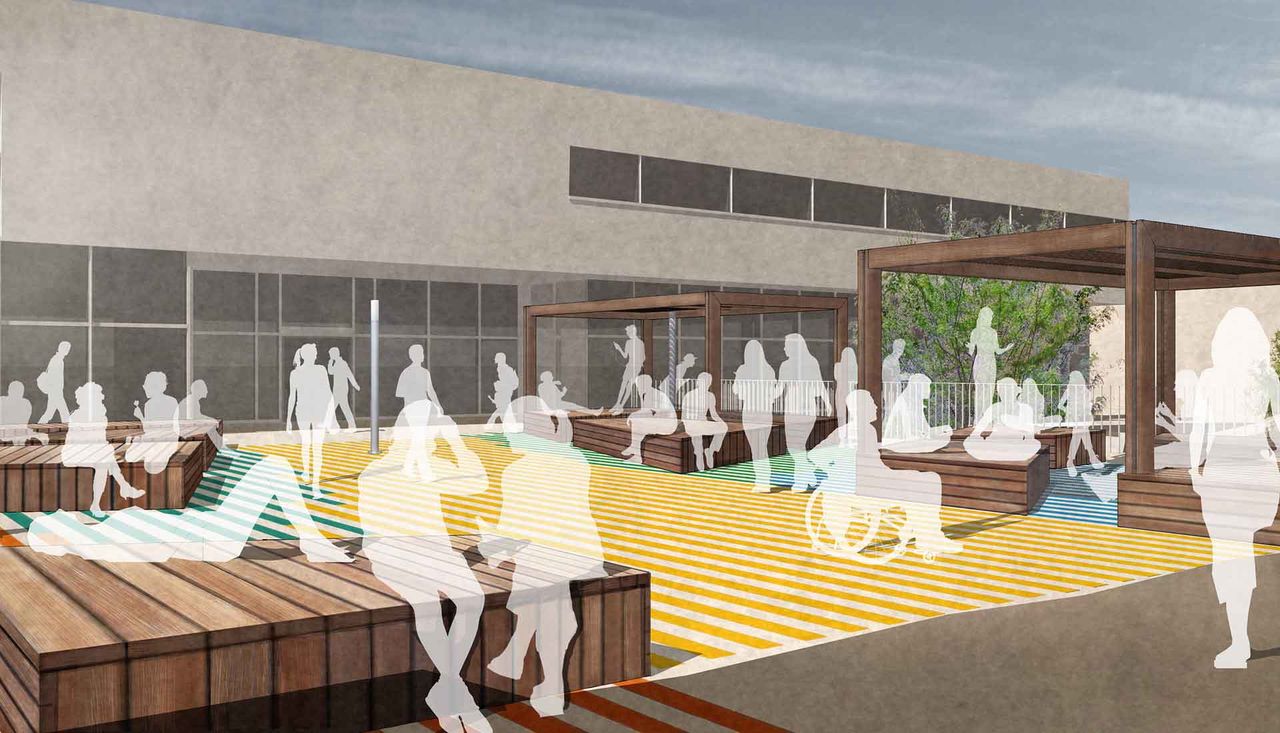 Rendering illustration mockup for inside the central courtyard at washington university st. louis missouri by arbolope studio.