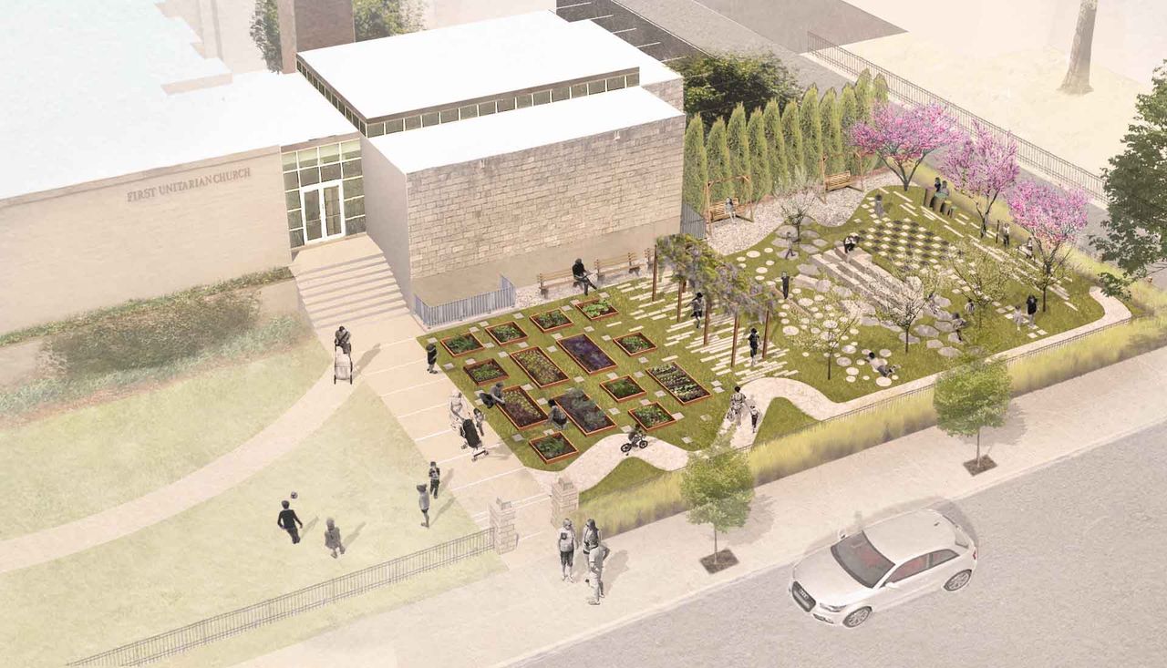 Aerial rendering of the first unitarian church of st louis, childrens play garden by arbolope studio.