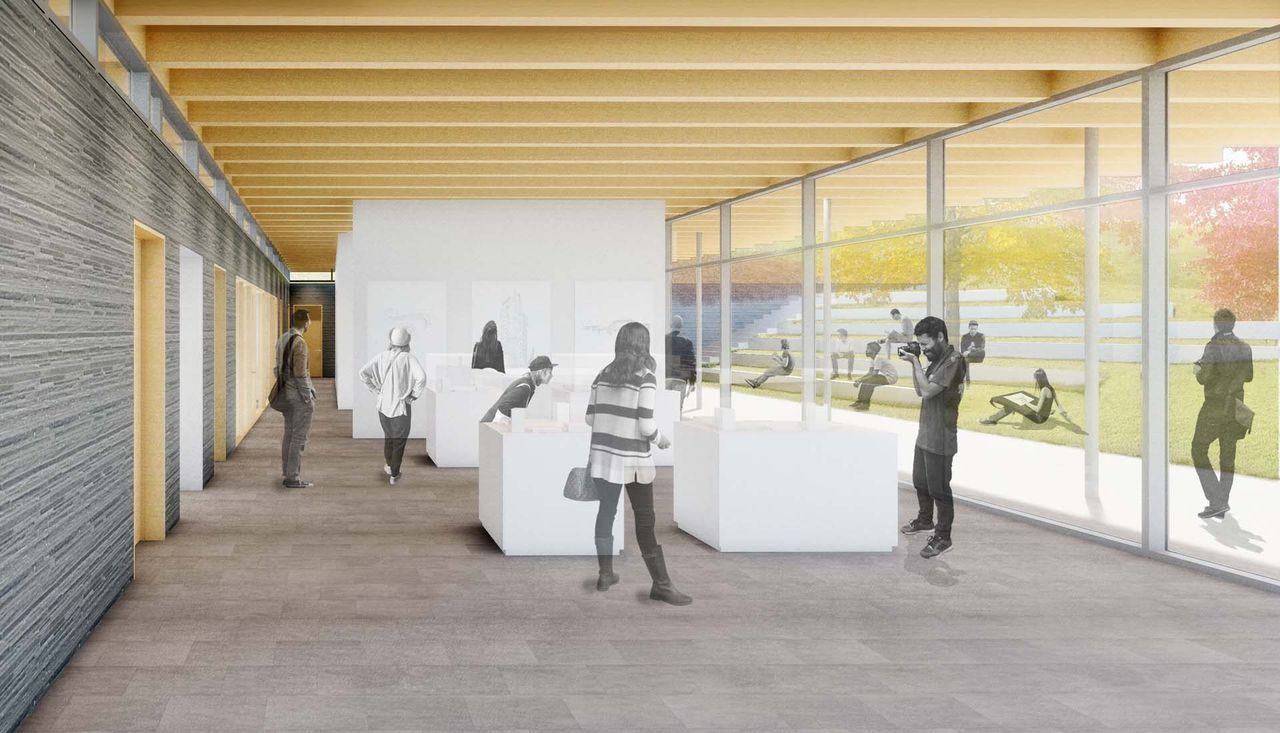 Inside view of the new building with people for frank lloyd wright house at ebsworth park in st louis missouri.