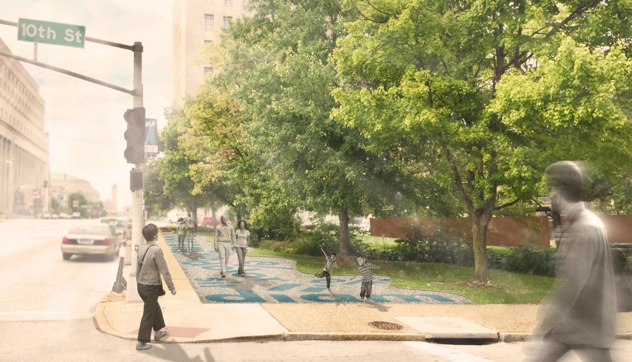 Rendering of people walking around the exterior southern edge of the Serra Sculpture Park in downtown St. Louis missouri by arbolope studio.