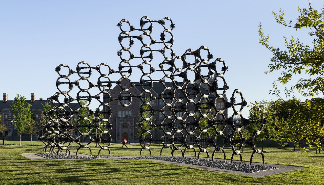 Overall photo of art on campus tires shaved portions at washington unvieirsty st louis missouri, public art display by arbolope studio.