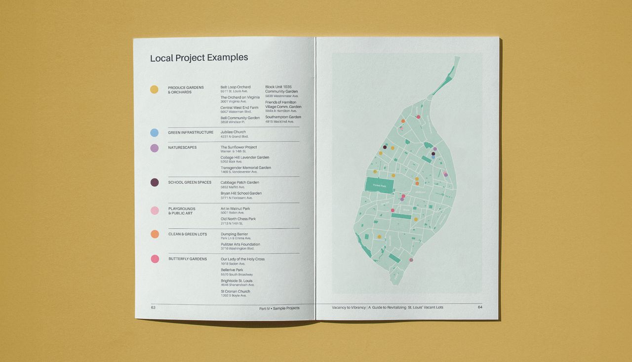 Green illustration of city map of st. louis. Local project examples apart of the vacant lots toolkits by arbolope studio.
