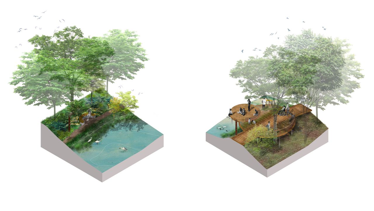 The design of the Botanical Garden includes a network of elegant and unique gathering nodes, creating a diverse and activated collection of experiences for respite, gathering, and learning across the garden.