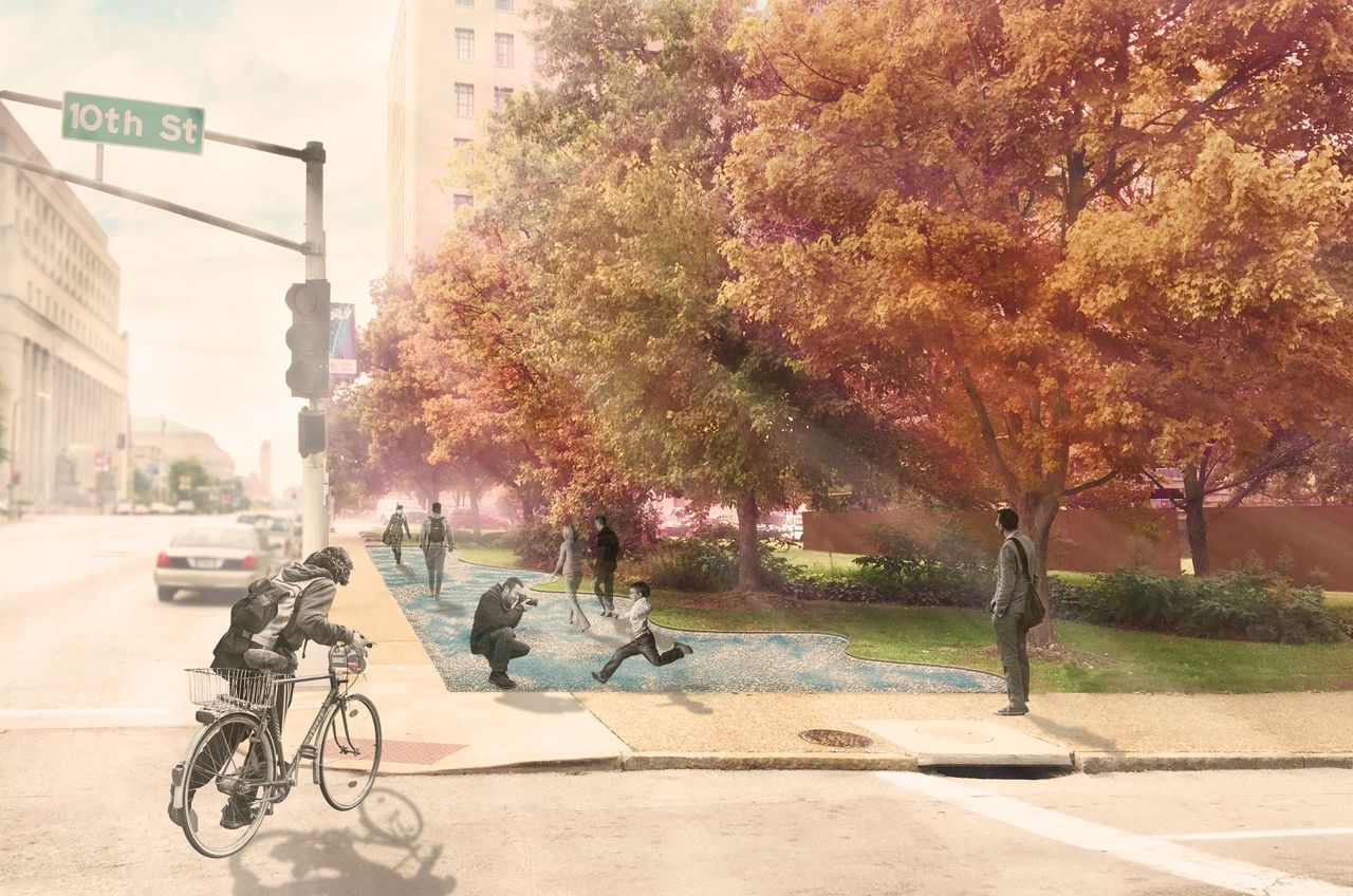 Autumn rendering of people walking around the exterior southern edge of the Serra Sculpture Park in downtown St. Louis missouri by arbolope studio.