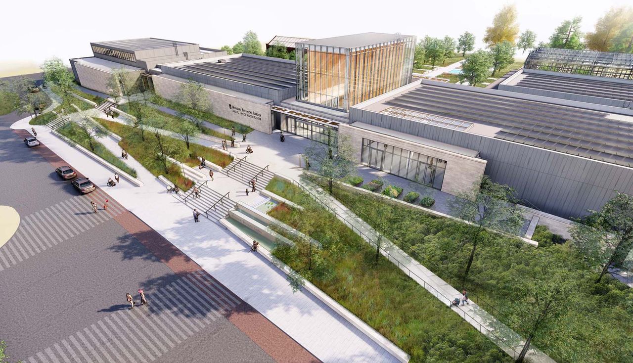 Rendering diagram by arbolope studio of the new jack c taylor visitor center with accessible paths for pedestrians to access the gardens like never before.