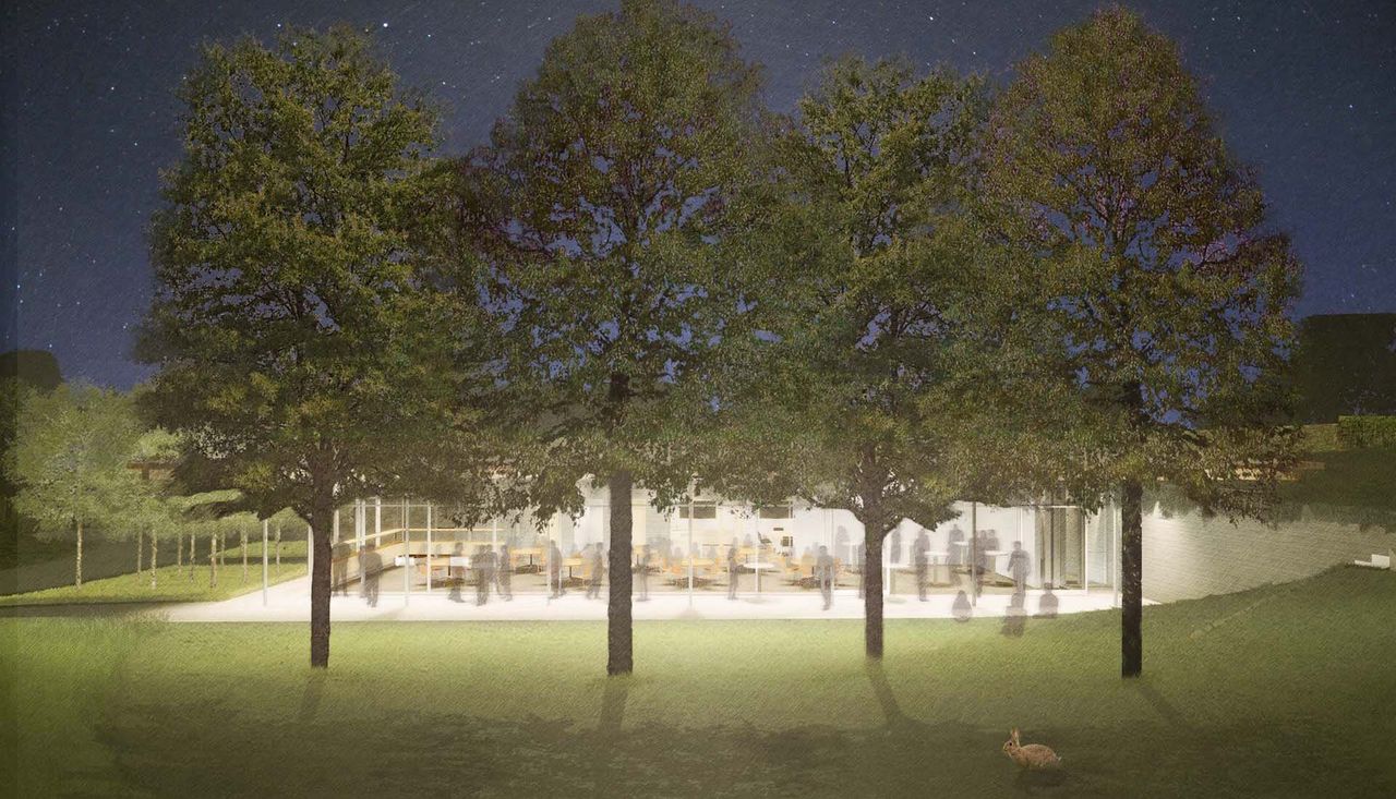 Nightime rendering of Ebsworth Park in St Louis Missouri with people enjoying the outdoors through glass windows.