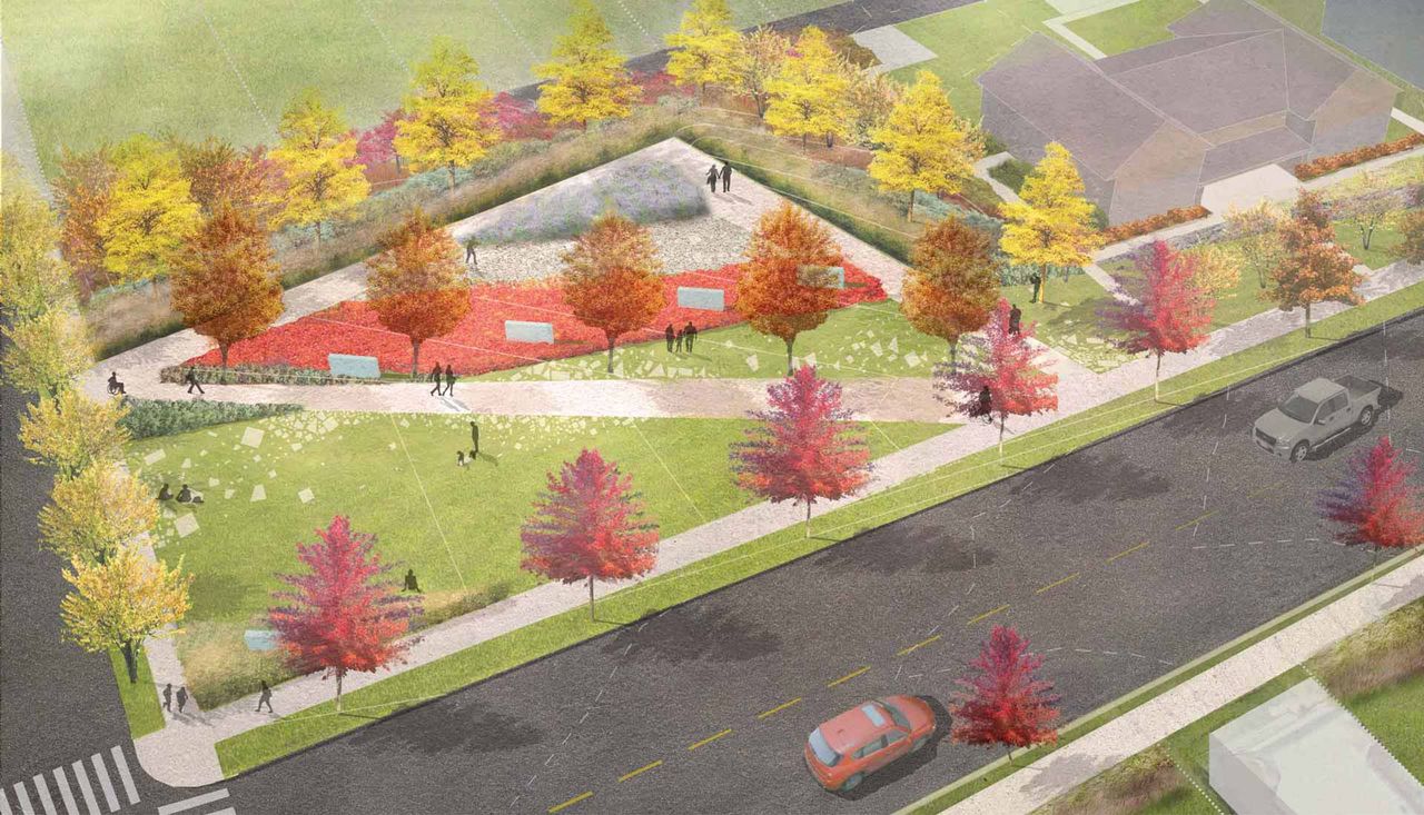 Aerial rendering of triangle park (St. Ferdinand park) with fall colors in st louis Missouri designed by Arbolope studio.