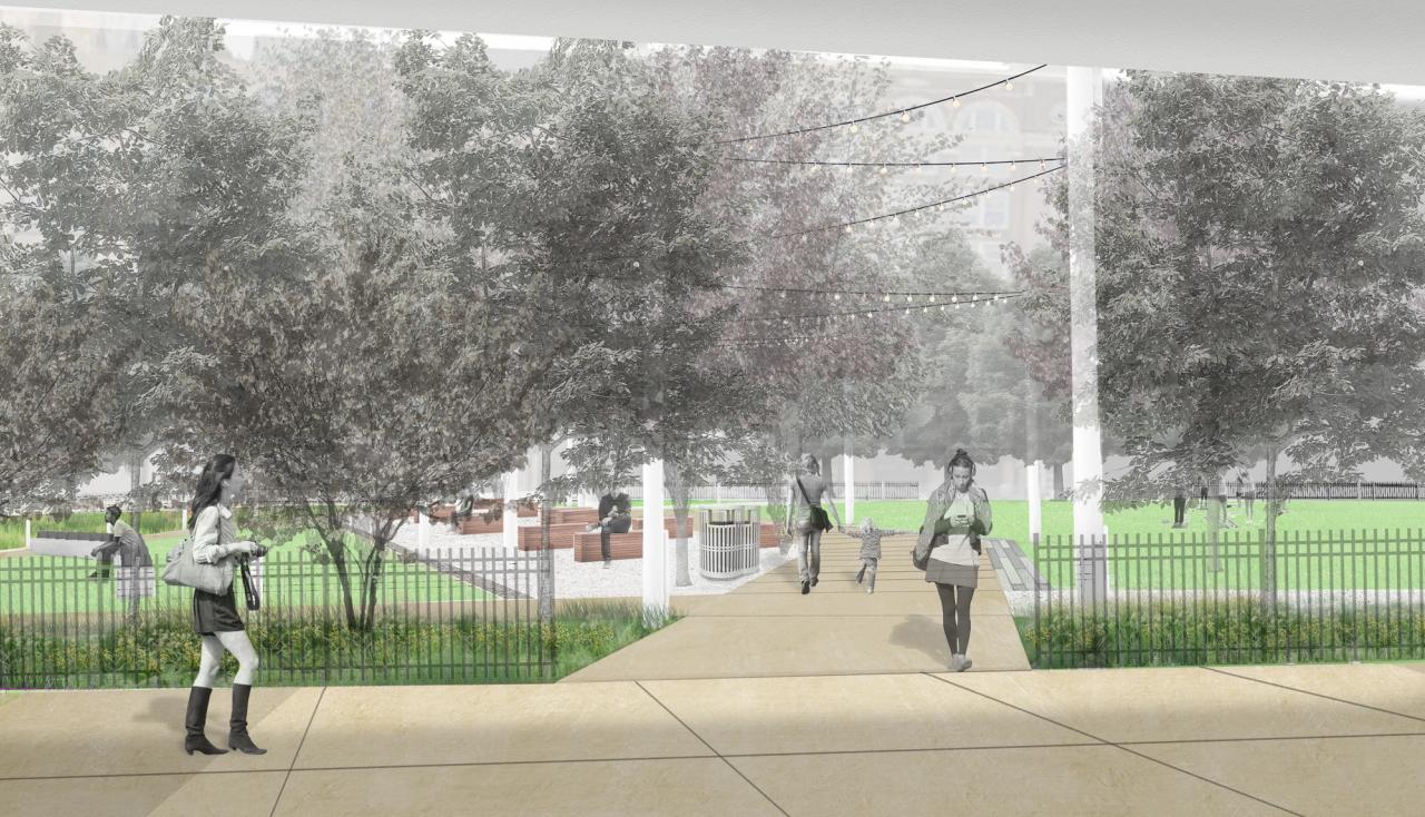 Illustrated rendering of people walking through the courtyard at the america’s center convention complex in st. louis missouri, image by arbolope studio.