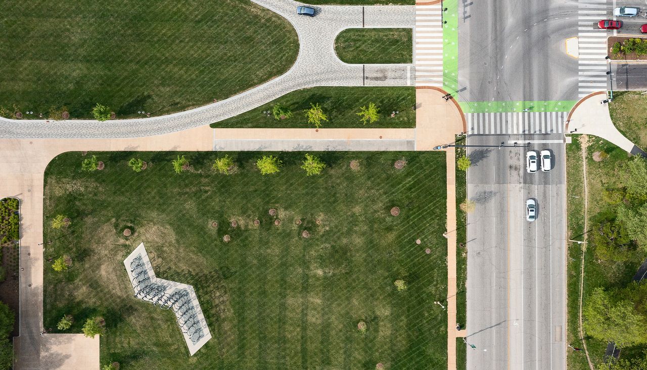 Drone photography overhead of washington university east campus art called shaved portions by arbolope studio.