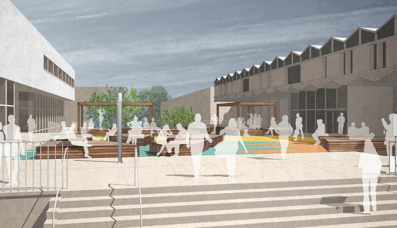 Rendering of people walking through the central plaza at washington university campus st louis misosuri by arbolope studio