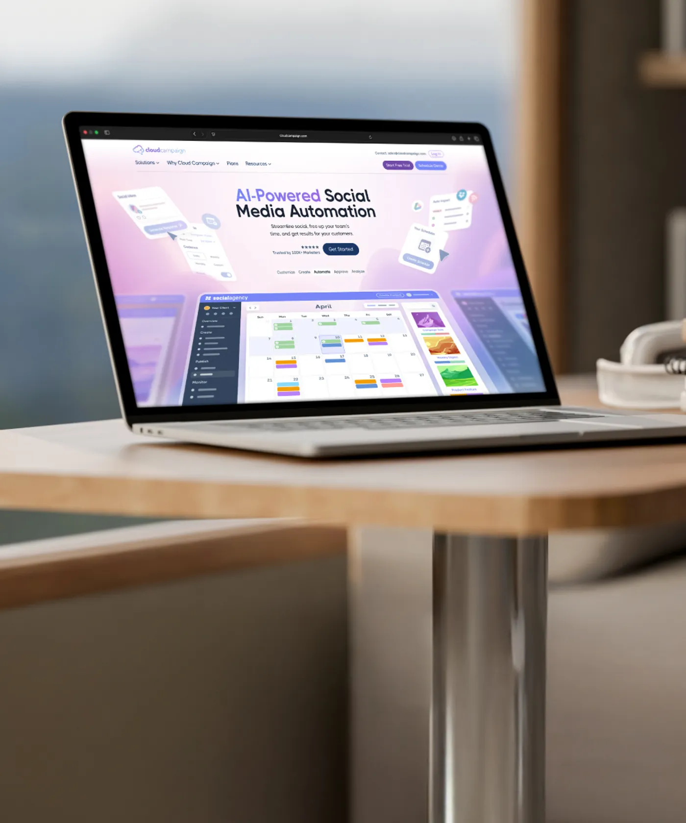A laptop showcasing Cloud Campaign's home page hero section.