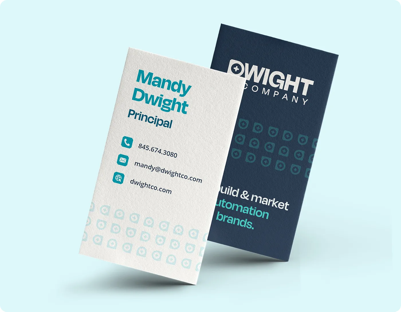 A mock-up of their new business cards, designed by Floresta.
