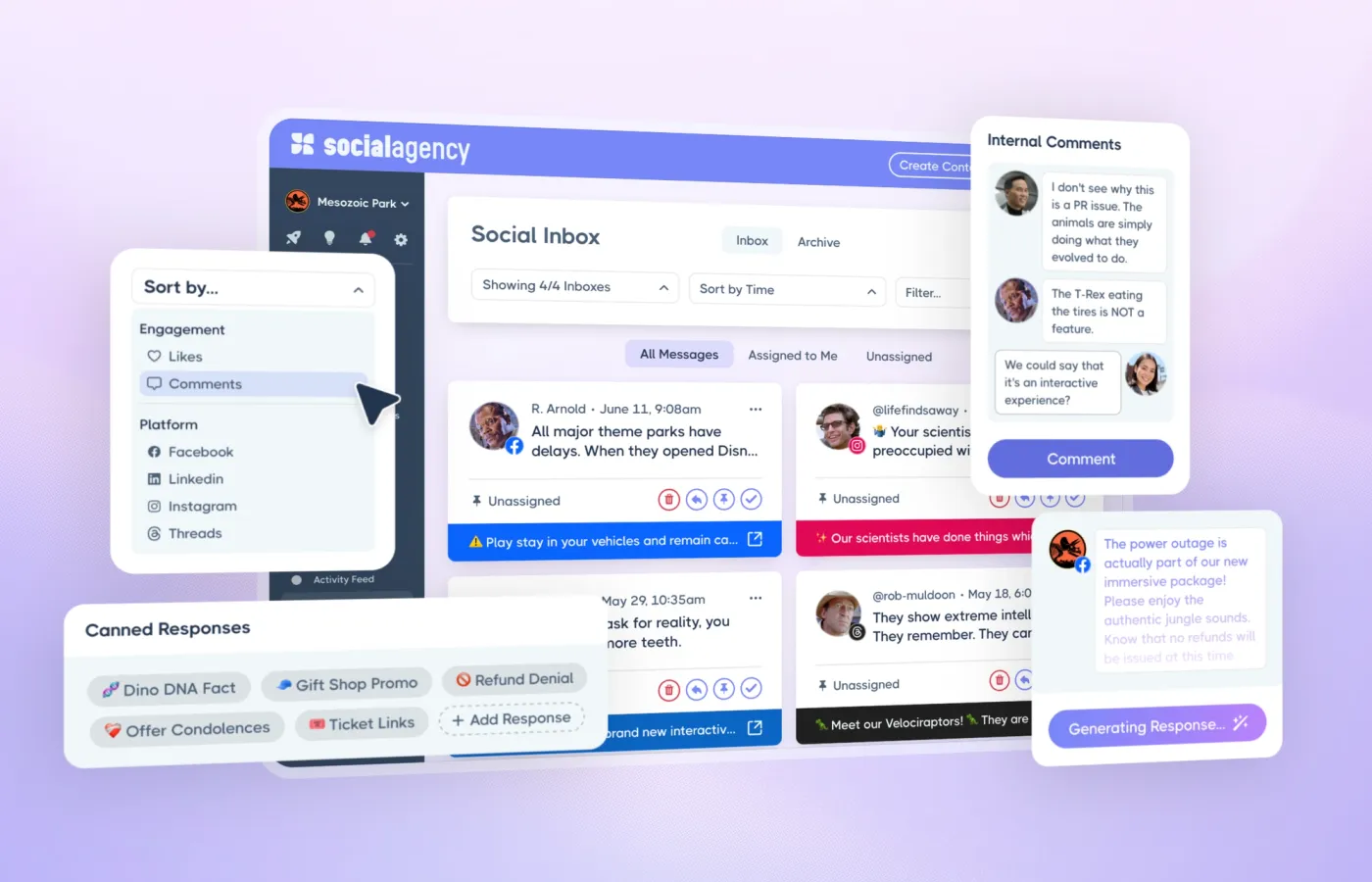 UI social inbox dashboard with Jurassic Park themed content.