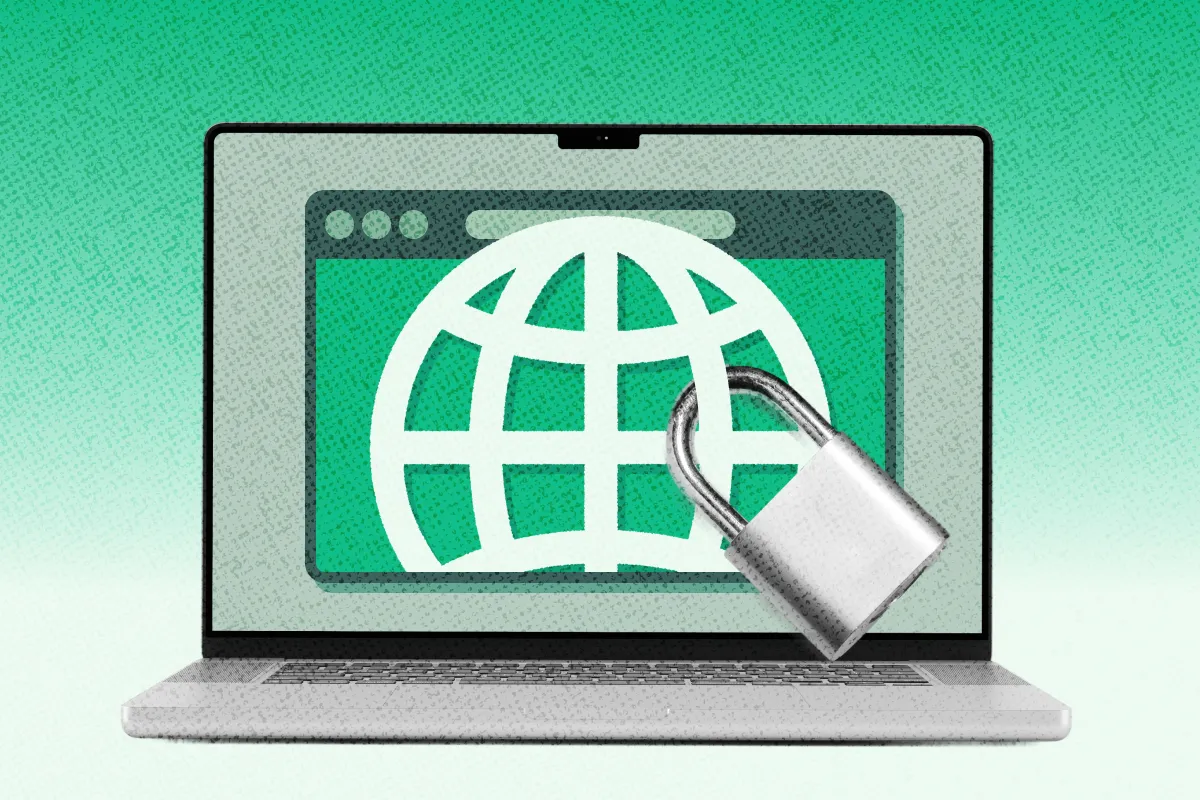 A website icon on a laptop screen, locked by a padlock.
