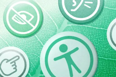 A collage of round buttons with accessibility symbols on a plant background.