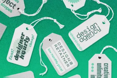 A collage of price tags depicting a variety of design pricing models.
