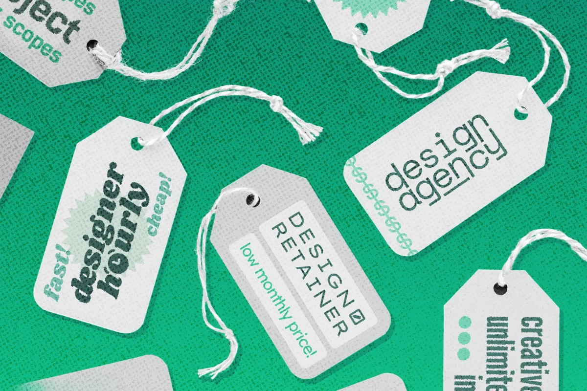 A collage of price tags depicting a variety of design pricing models.