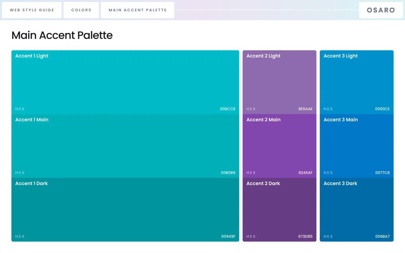 A page from OSARO's style guide, designed by Floresta. Depicts accent color palettes.