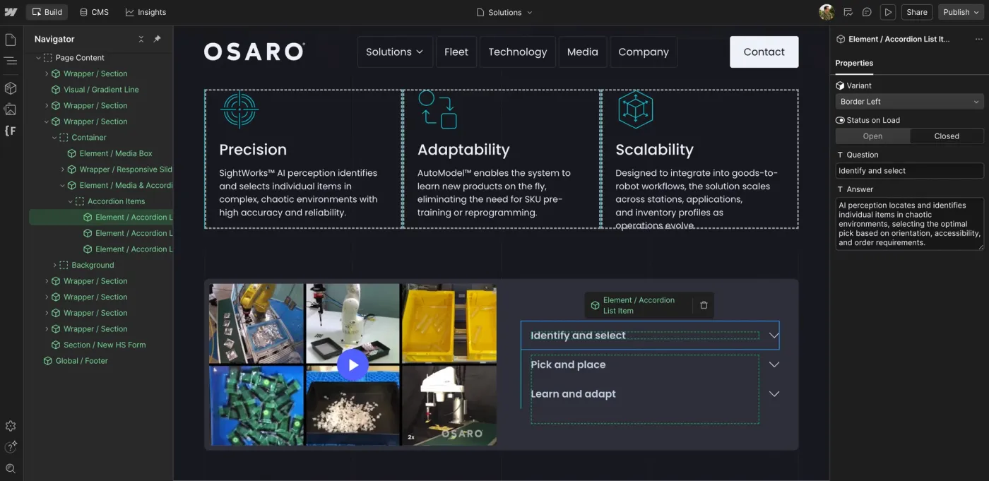 A screenshot of the Webflow Designer, depicting customizability in OSARO's website.