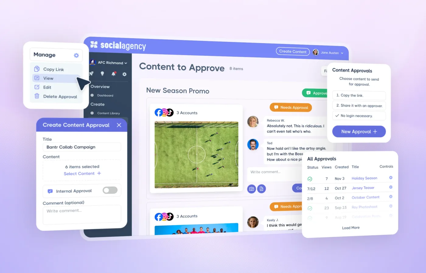 UI approval dashboard with Ted Lasso themed content.