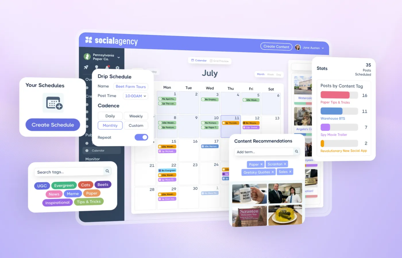 UI calendar dashboard with The Office themed content. 