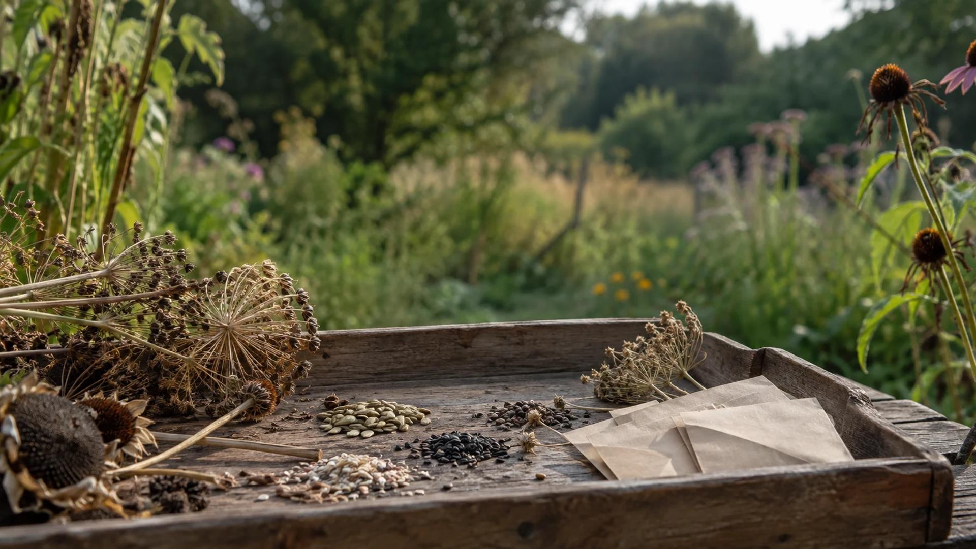 Des semences triées sur un plateau en bois, devant un jardin en fin d’été.