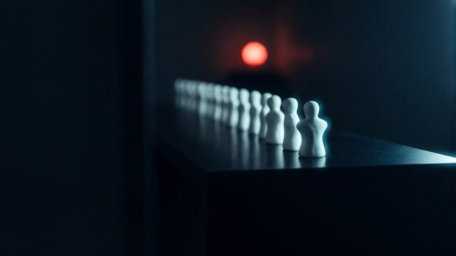 Hilera de figuras blancas idénticas que se pierde en la penumbra, con una al frente en foco y una luz roja al fondo