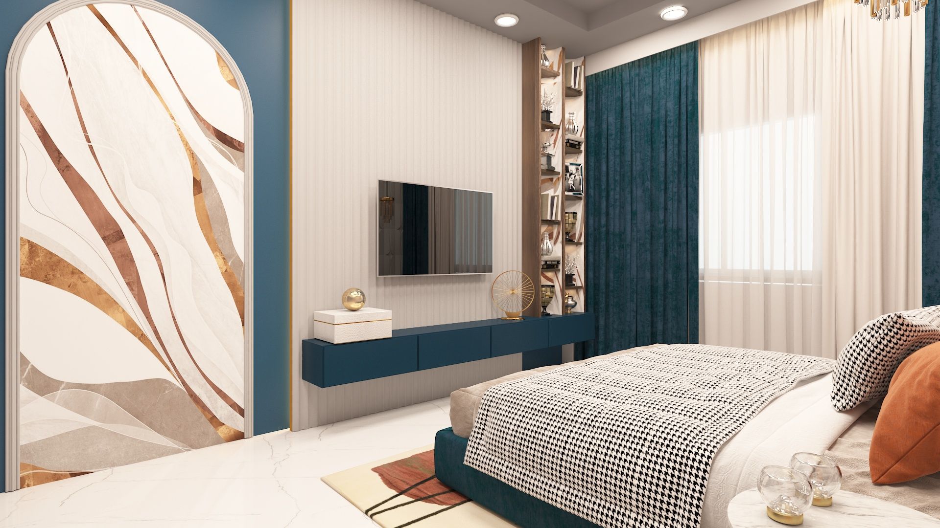 “A beautifully crafted TV unit blending modern design with soft textures for a serene bedroom look.”