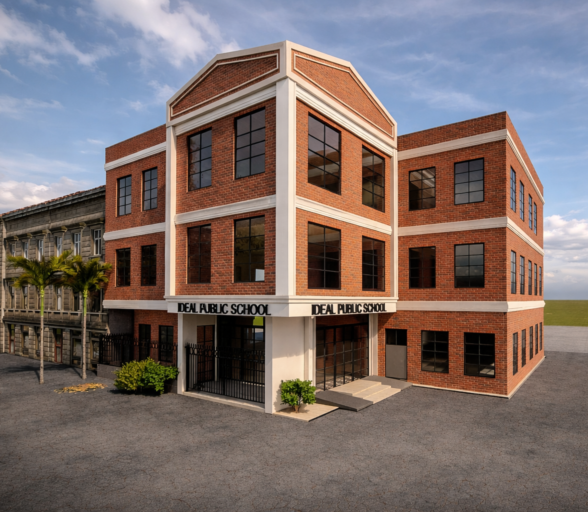 Ideal Public School – Modern Educational Building Design This 3D elevation design presents a modern school infrastructure with a brick exterior finish, symmetrical façade, and large glass windows to enhance natural lighting and ventilation. The design emphasizes safety, functionality, and aesthetic appeal, creating a perfect environment for education. Designed by Enticing Empire – Architecture & Interior Design Studio, this project reflects innovative planning and contemporary design standards.