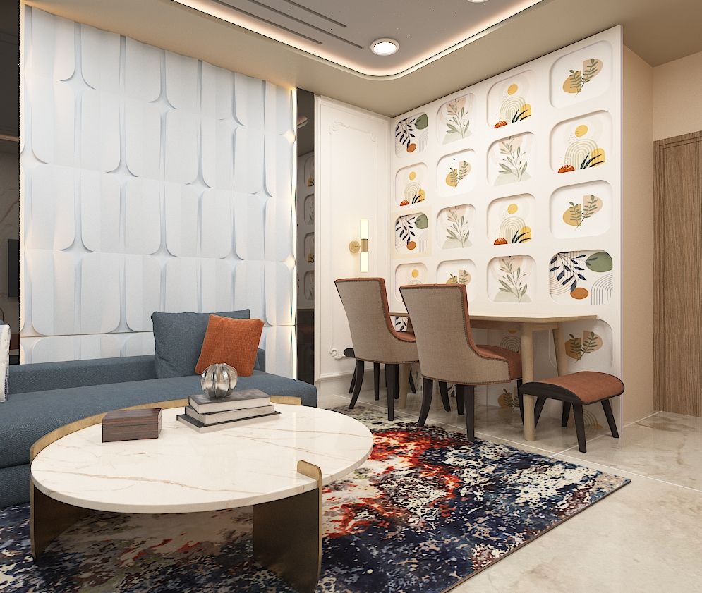 Modern Living Room with Artistic Wall Panels & Cozy Dining Nook